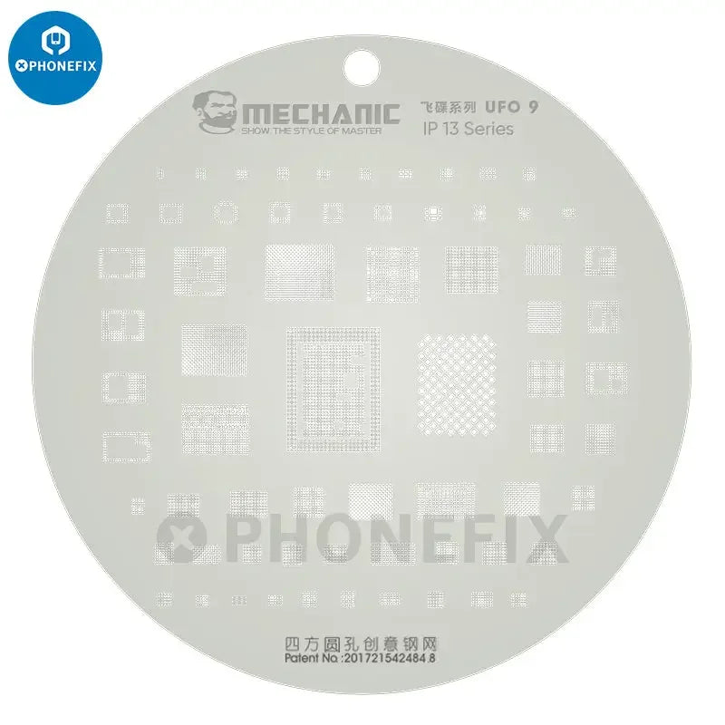 PhoneFix Mechanic UFO BGA Reballing Stencil for iPhone and Android IC chips, used for precise reballing and repair.