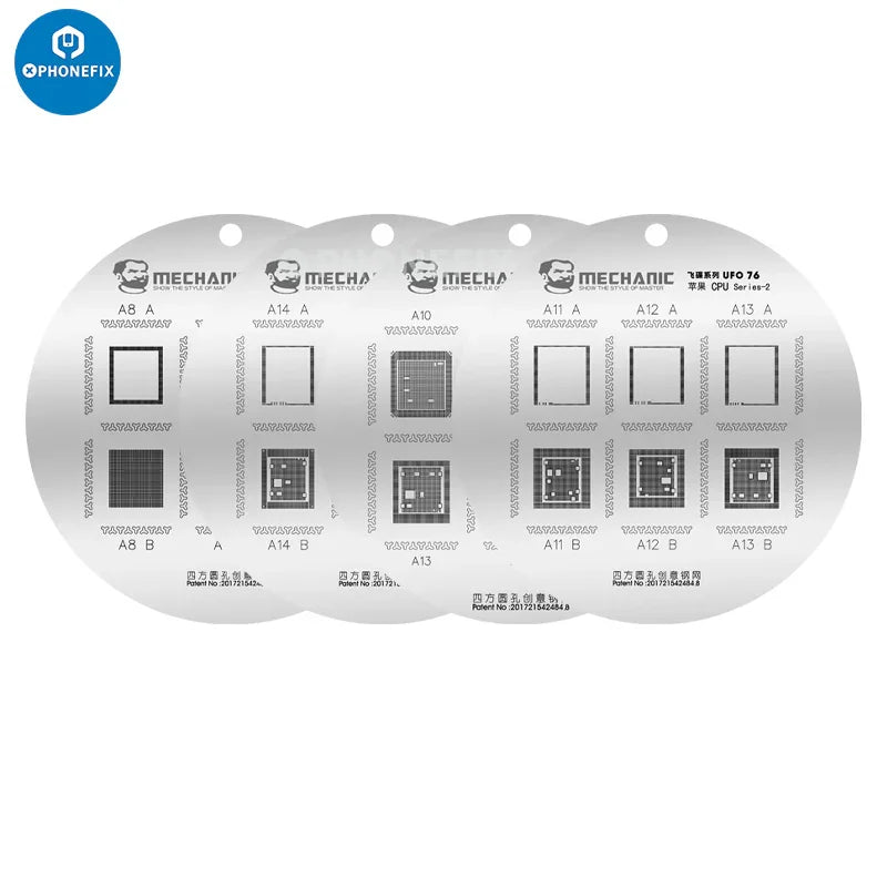 PhoneFix UFO BGA Reballing Stencil for iPhone and Android IC chips, featuring precision cutouts for reballing and chip repair.