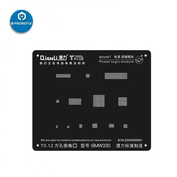 Pochoir de reballage BGA 3D pour processeur QianLi IBlack pour iPhone X, 8, 7, 6S, 6, 5S, présentant le design du pochoir pour la réparation de smartphones.