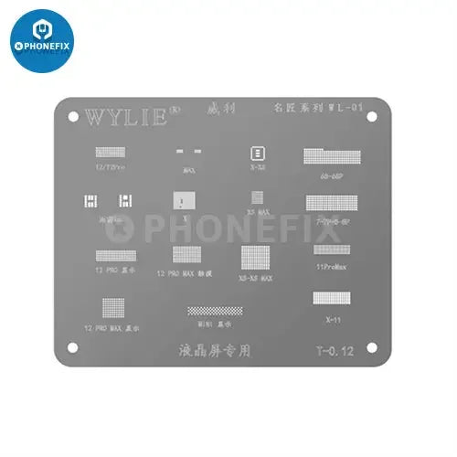 PhoneFix WYLIE WL-15 LCD IC BGA Reballing Stencil for iPhone 6S to 12 Pro Max, white, precise reballing tool for electronics repair.