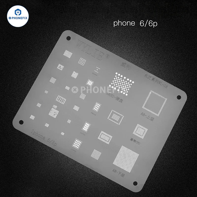 PhoneFix WYLIE WL-15 LCD and IC BGA Reballing Stencil for iPhone 6S to 12 Pro Max, white, precise reballing tool for smartphone repair.