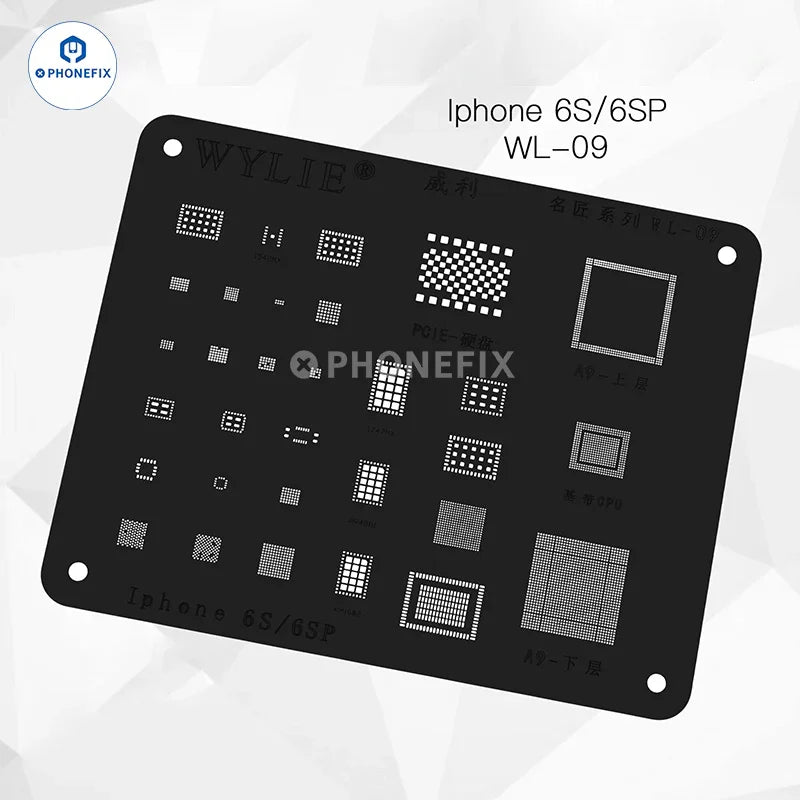 Phonefix WYLIE WL-15 LCD IC BGA Reballing Stencil for iPhone 6S to 12 Pro Max, used for precise reballing repairs.