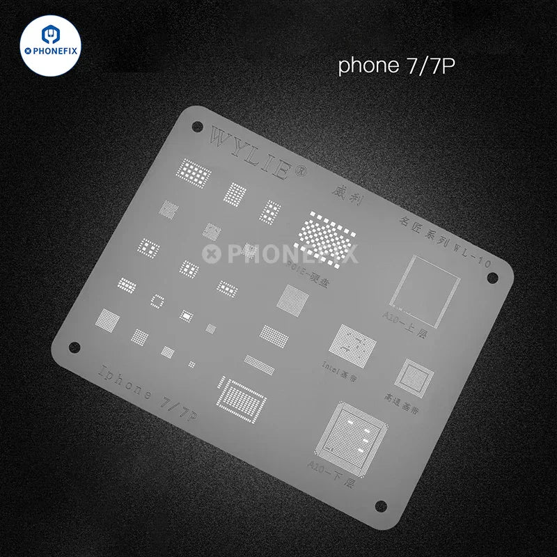 PHONEFIX WYLIE WL-15 LCD IC BGA Reballing Stencil for iPhone 6S to 12 Pro Max, white, precise BGA reballing tool for repair.