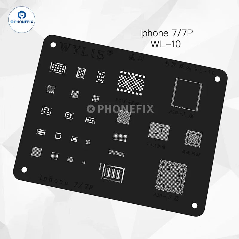 PhoneFix WYLIE WL-15 LCD IC BGA Reballing Stencil for iPhone 6S to 12 Pro Max, white plastic, precise reballing tool.