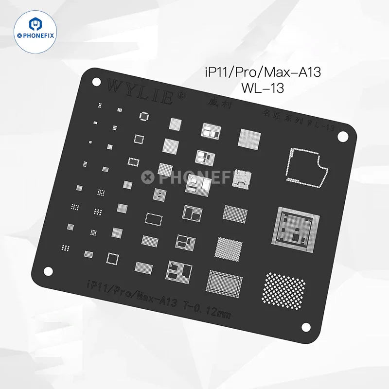 Phonefix WYLIE WL-15 LCD IC BGA Reballing Stencil for iPhone 6S to iPhone 12 Pro Max, white reballing stencil for precise repairs.