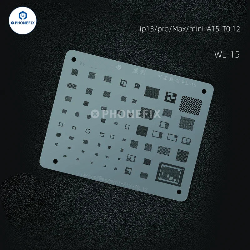PhoneFix WYLIE WL-15 LCD IC BGA Reballing Stencil for iPhone 6S to 12 Pro Max, used for precise reballing repairs.