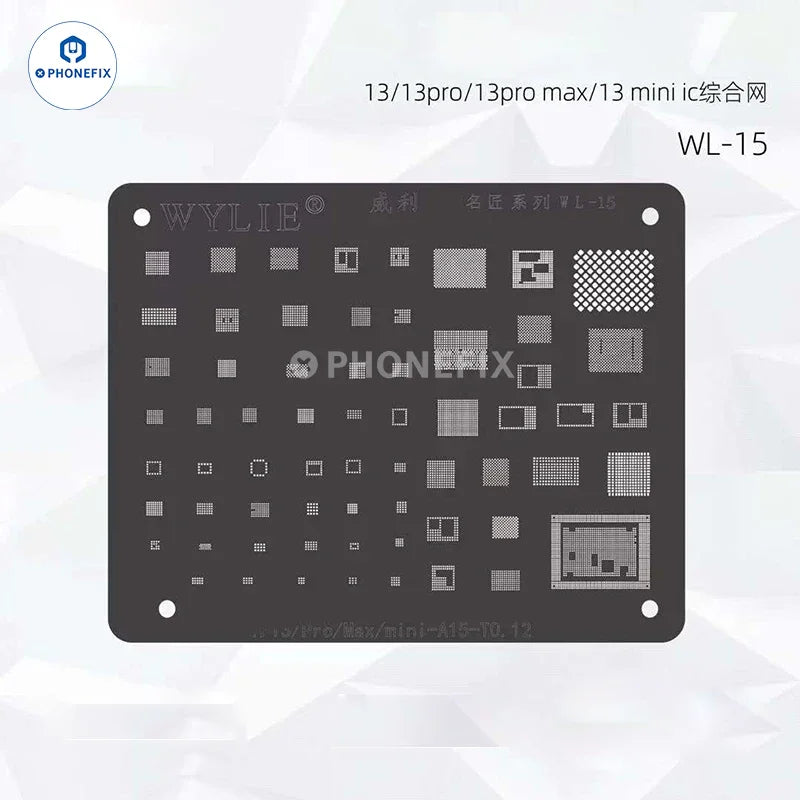 PhoneFix WYLIE WL-15 LCD IC BGA Reballing Stencil for iPhone 6S to 12 Pro Max, white, precise repair tool for BGA reballing.