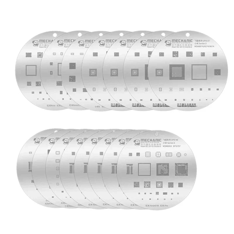 PHONEFIX mechanic rounded hole composite BGA reballing stencil set for Xiaomi phones, used for precise repair and reballing.