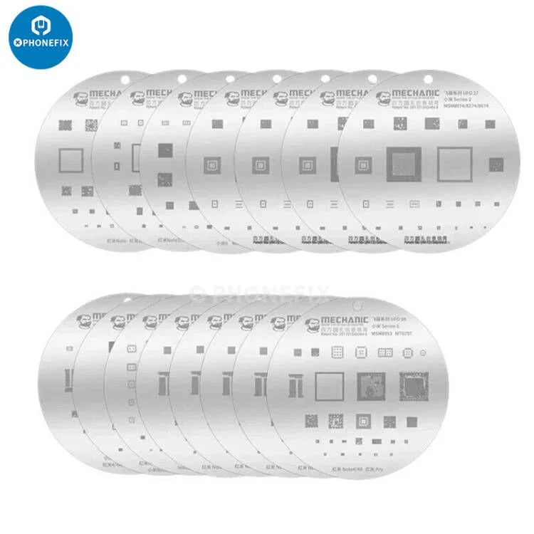 PHONEFIX mechanic rounded hole composite BGA reballing stencil set for Xiaomi phones, used for precise chip reballing.
