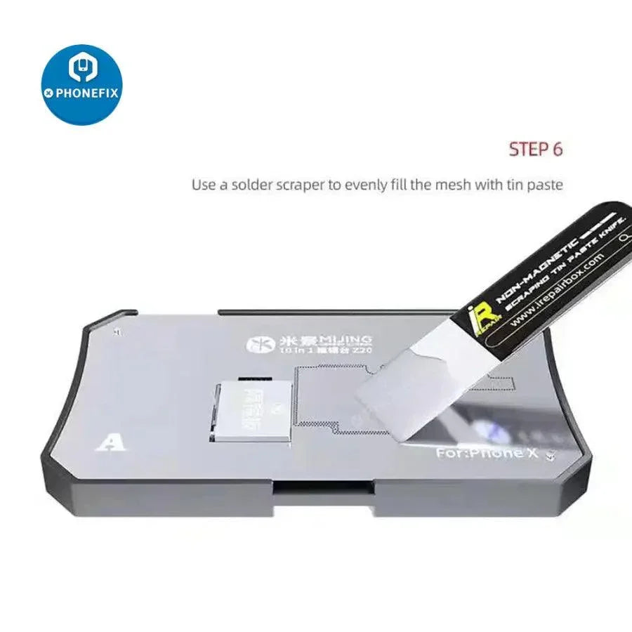 Phonefix BGA reballing stencil for iPhone X to 17 Pro Max, used on Mijing Z20 Max/Pro middle frame reballing platform.