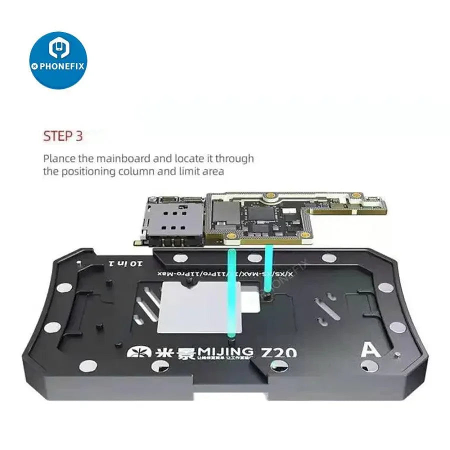 Phonefix BGA reballing stencil for Mijing Z20 Max/Pro and iPhone X-17 Pro Max middle frame reballing platform, with detailed stencil design.