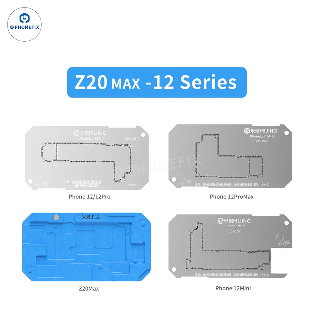 Phonefix BGA reballing stencil for Mijing Z20 Max/Pro and iPhone X-17 Pro Max middle frame reballing platform, with precision mesh design.
