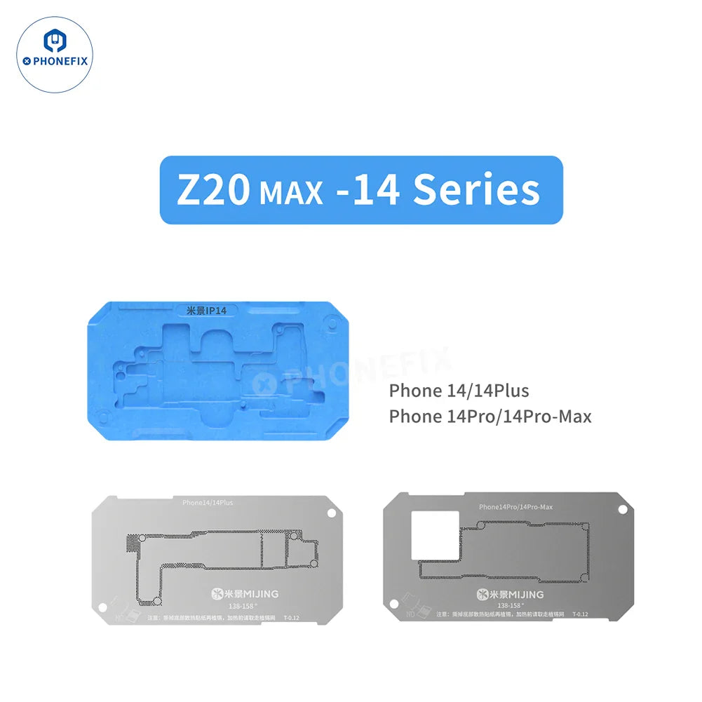 PhoneFix BGA reballing stencil for Mijing Z20 Max/Pro and iPhone X-17 Pro Max middle frame reballing platform, with detailed stencil design.