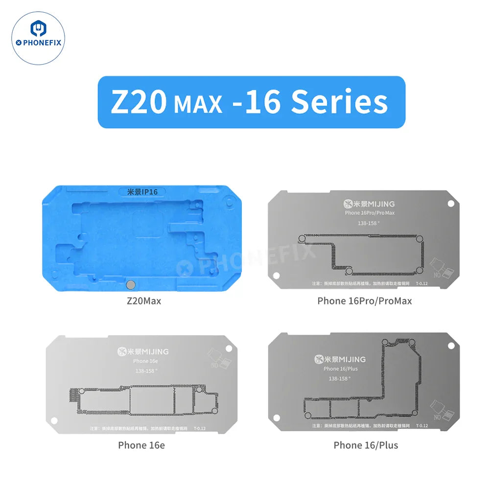 PhoneFix BGA reballing stencil for Mijing Z20 Max/Pro and iPhone X-17 Pro Max middle frame reballing platform, with detailed stencil design.