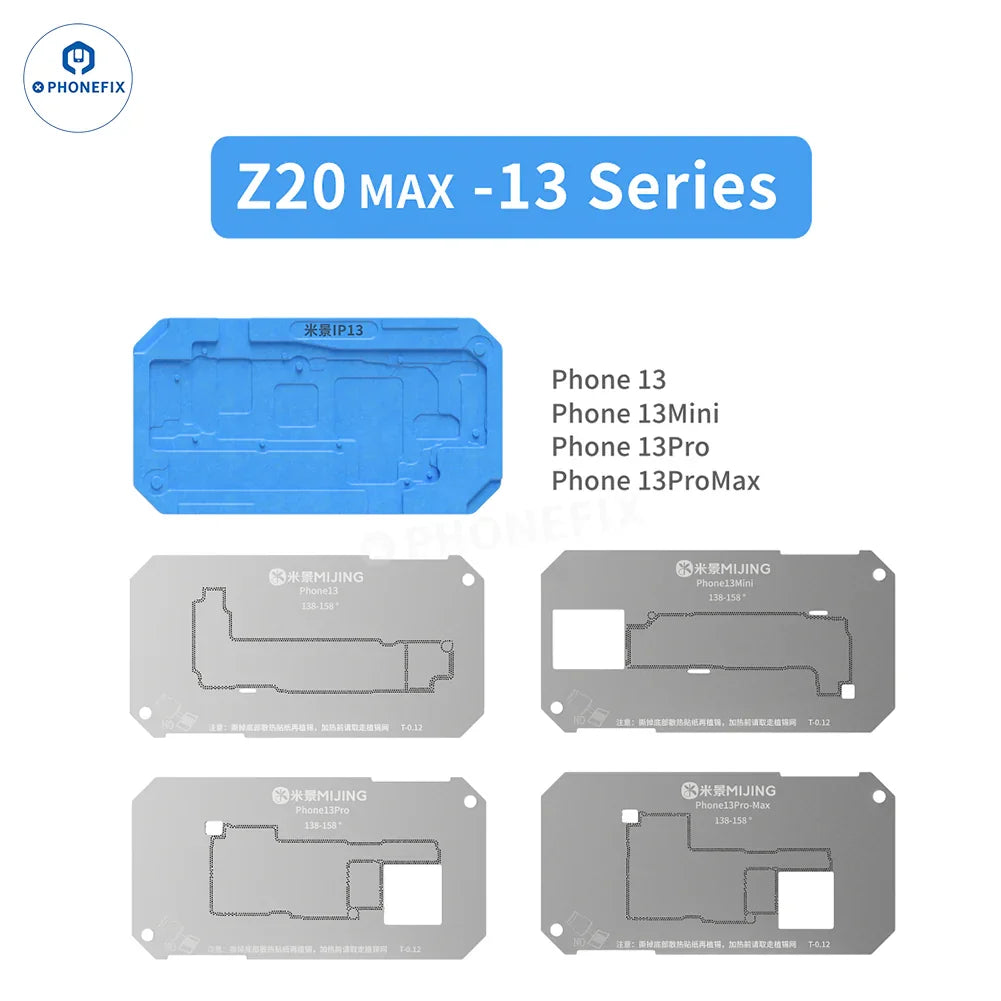 PhoneFix BGA reballing stencil for iPhone X to 17 Pro Max middle frame, part of the Mijing Z20 Max/Pro reballing platform.