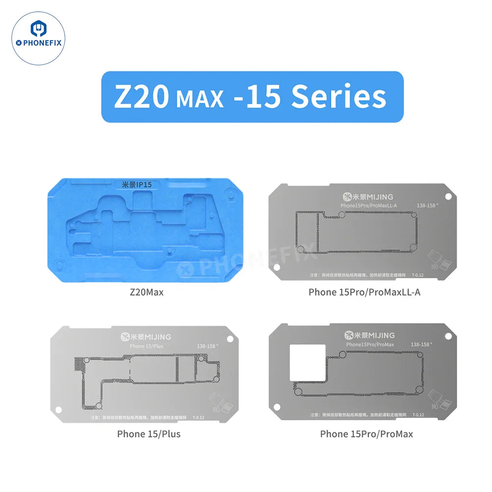 PhoneFix BGA reballing stencil for Mijing Z20 Max/Pro and iPhone X-17 Pro Max middle frame reballing platform, precise repair tool.