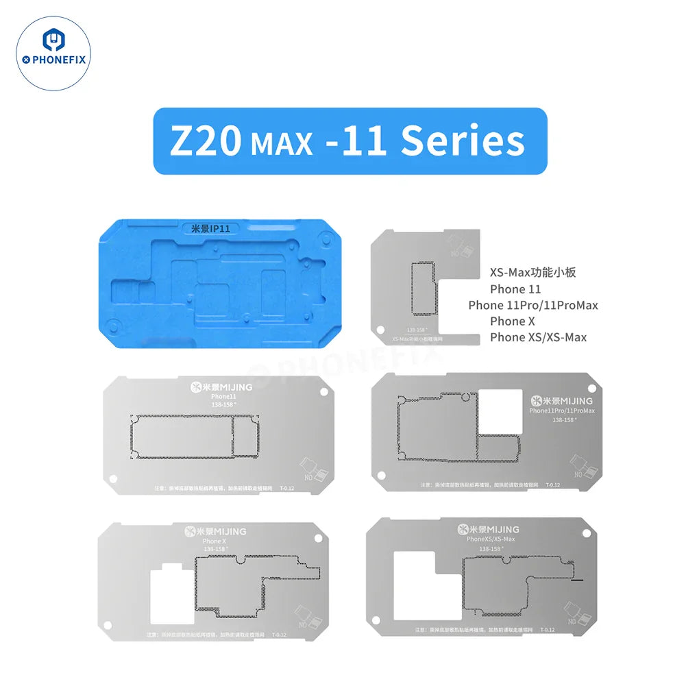 PhoneFix BGA reballing stencil for Mijing Z20 Max/Pro and iPhone X-17 Pro Max middle frame reballing platform, precision tool for repairs.