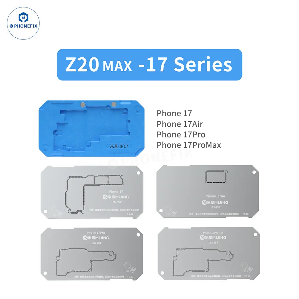 PhoneFix BGA reballing stencil for Mijing Z20 Max/Pro and iPhone X-17 Pro Max middle frame reballing platform, with detailed stencil design.
