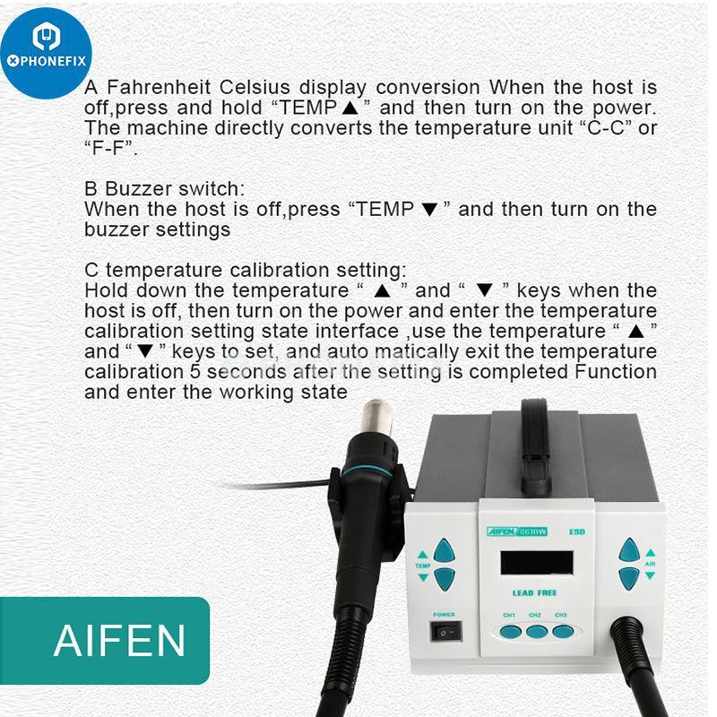 Aifen 861DW 700W hot air gun BGA rework station with 7 nozzles for electronics repair, featuring digital controls and adjustable temperature.