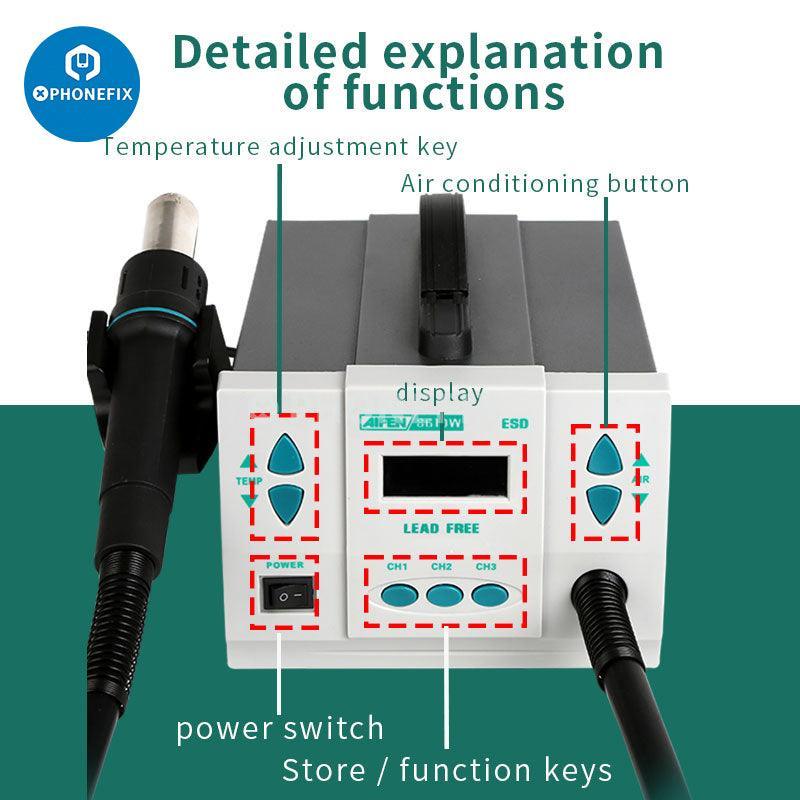 Aifen 861DW 700W hot air gun BGA rework station with seven nozzles, featuring digital controls and ergonomic design.