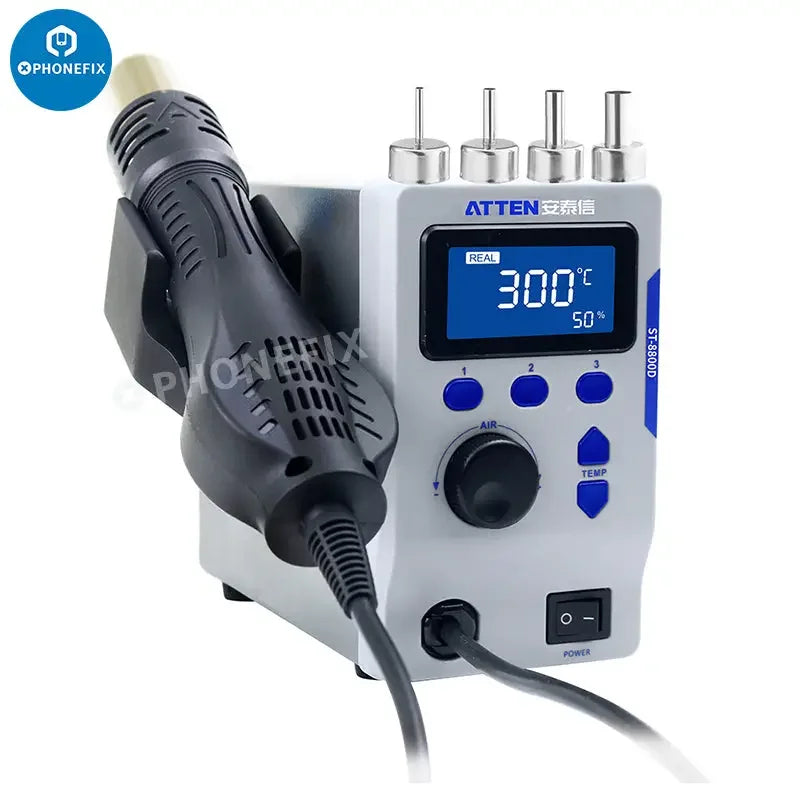 ATTEN ST-8800D 800W hot air gun BGA solder rework station by PHONEFIX, with digital controls and ergonomic design.