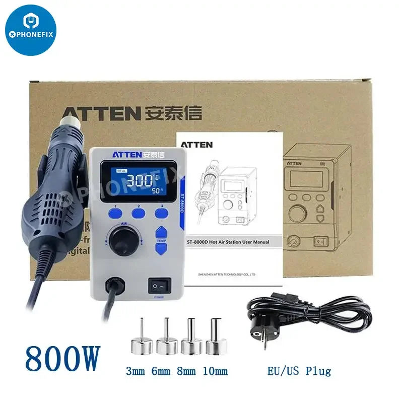 ATTEN ST-8800D 800W hot air gun BGA rework station by PHONEFIX with adjustable temperature and airflow for PCB soldering repair.