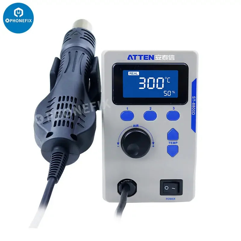 ATTEN ST-8800D 800W hot air gun BGA rework station by PHONEFIX, with control knobs and digital display for solder rework.