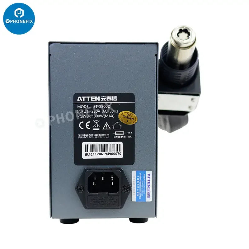 ATTEN ST-8800D 800W hot air gun BGA solder rework station with controls and nozzle for electronic repair.