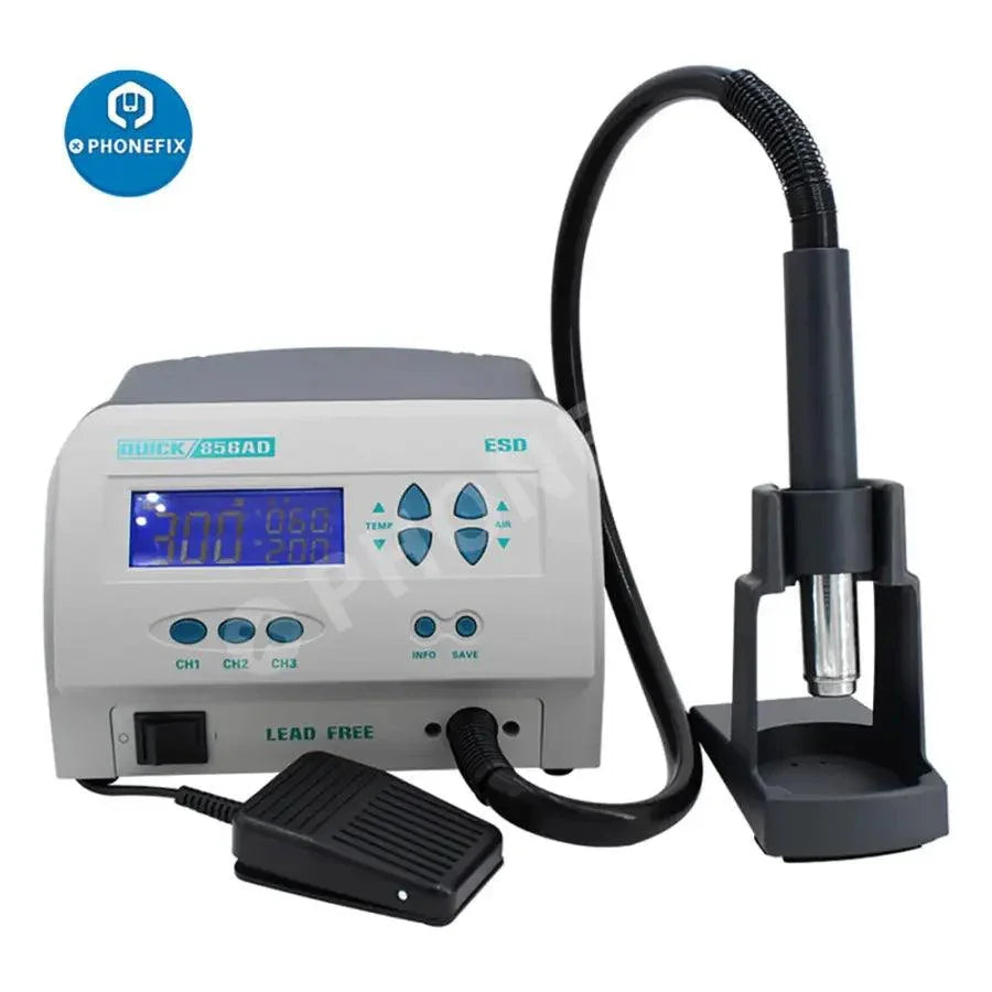 Quick 856AD SMD lead-free hot air gun BGA rework station by PHONEFIX, with control knobs and digital display for precise soldering.