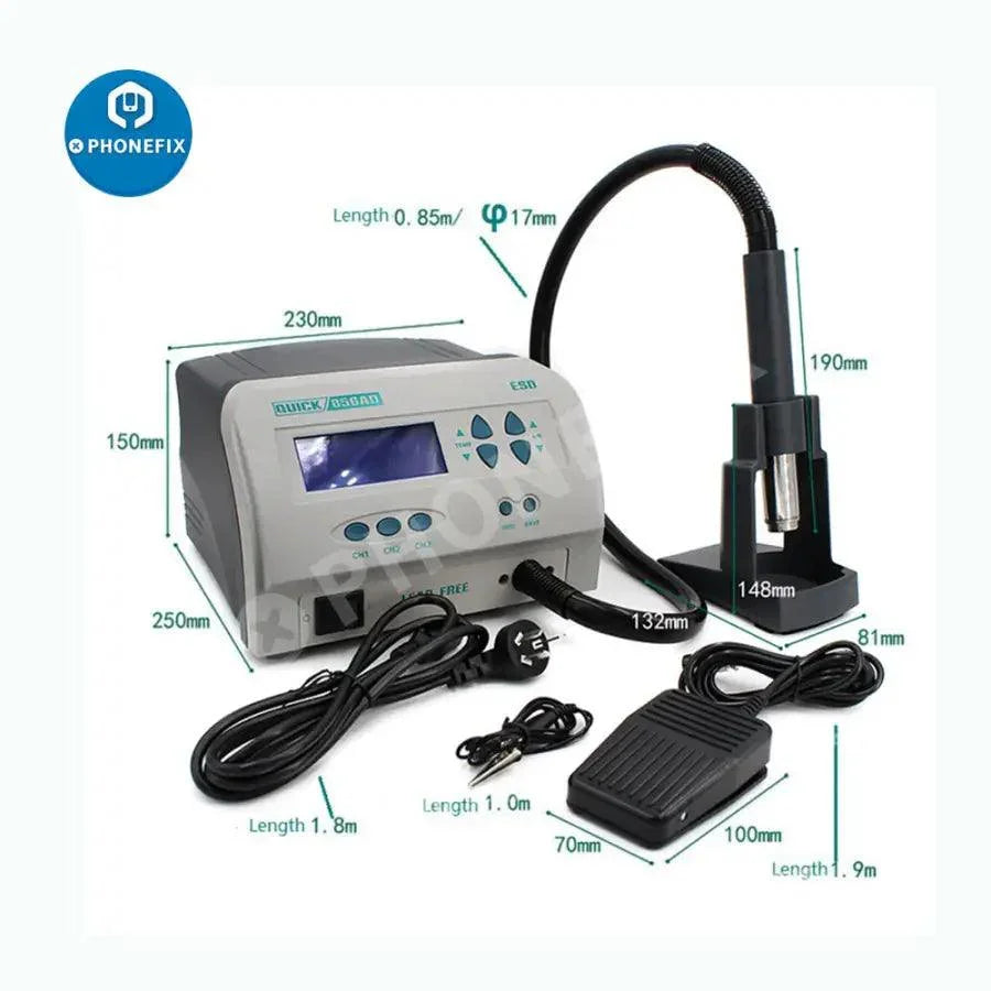 PhoneFIX Quick 856AD BGA Rework Station with lead-free hot air gun for soldering and rework tasks, featuring digital controls and compact design.