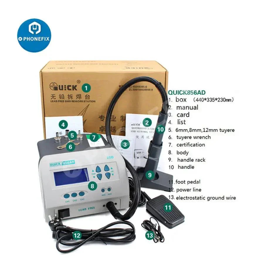 Phonefix Quick 856AD SMD lead-free hot air gun BGA rework station with digital controls and adjustable temperature for soldering and rework.