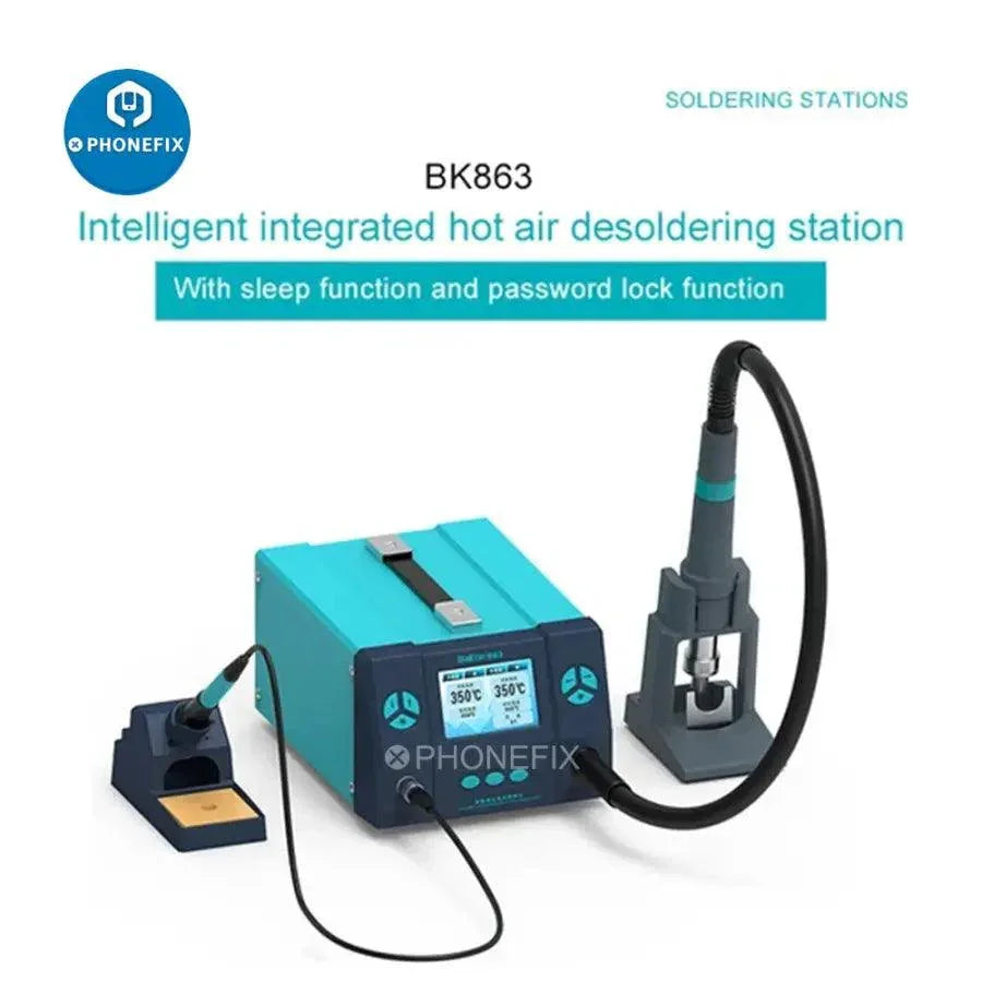 Station de retouche BGA intelligente Bakon BK863 avec pistolet à air chaud et commandes numériques, puissance de 1000 W pour les réparations électroniques.