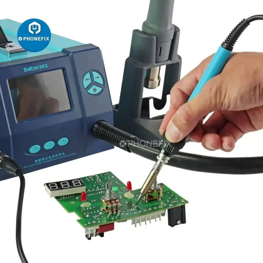 Bakon BK863 BGA rework station with 1000W hot air gun, integrated design, used for electronics rework and soldering.