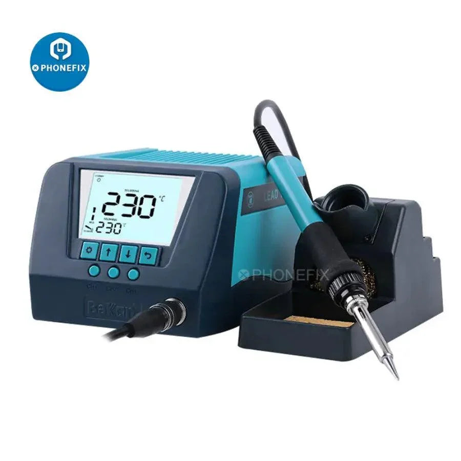 Bakon BK60/BK90 SMD lead-free digital ESD BGA rework soldering station by Phonefix with control display and soldering iron.