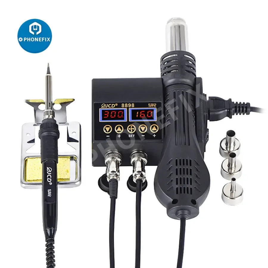 JCD-8898 2-in-1 hot air gun soldering rework station for BGA PCB repair by PHONEFIX, showing the device with digital controls.