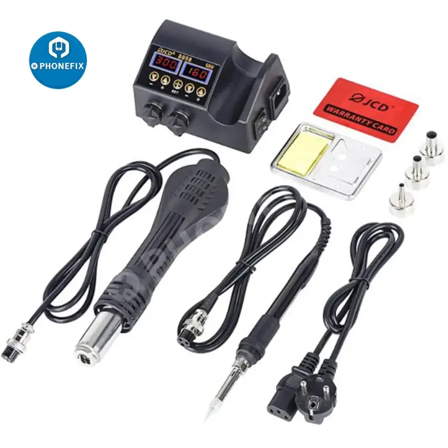 PhoneFix JCD-8898 2-in-1 BGA rework station with hot air gun for PCB repair and soldering tasks.