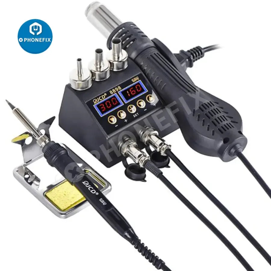 PHONEFIX JCD-8898 2-in-1 BGA Rework Station with hot air gun for PCB repair and soldering, featuring digital controls and compact design.