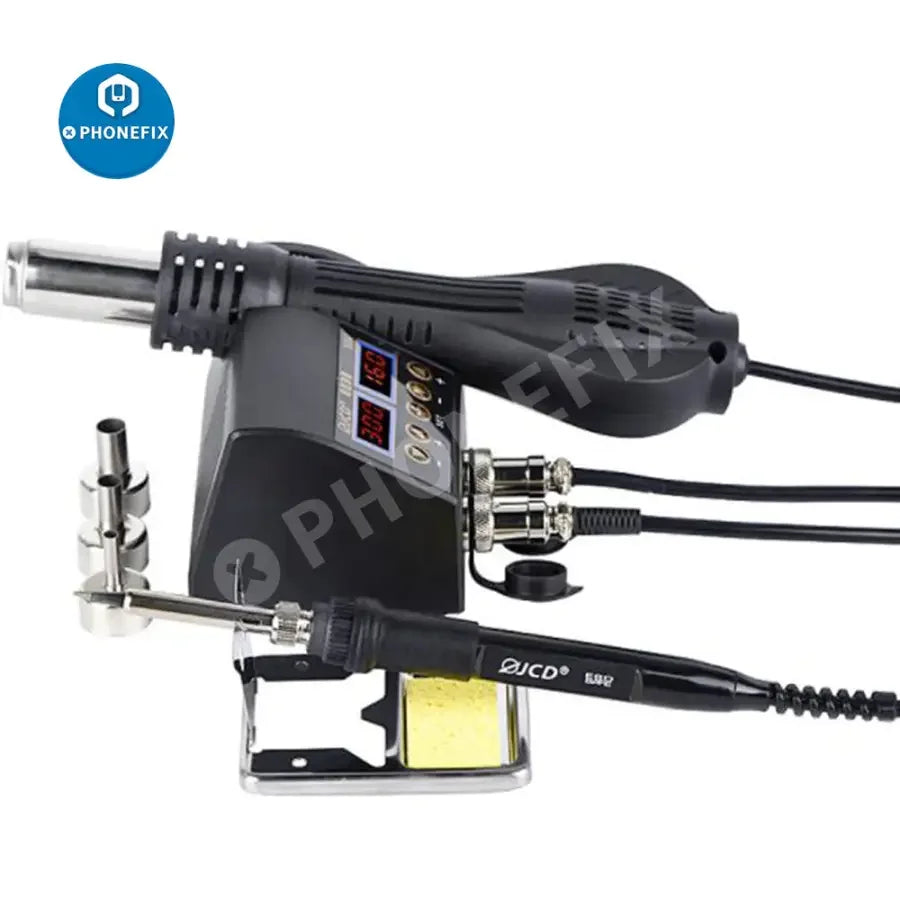 PhoneFIX JCD-8898 2-in-1 BGA rework station with hot air gun for PCB repair, featuring control panel and adjustable temperature.