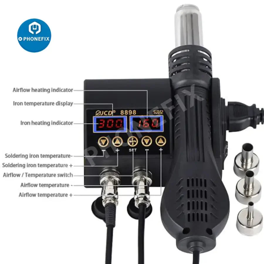 PhoneFix JCD-8898 2-in-1 BGA rework station with hot air gun and soldering iron for PCB repair and BGA rework tasks.