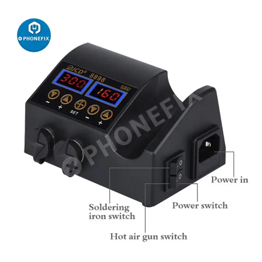 PhoneFix JCD-8898 2-in-1 BGA rework station with hot air gun for PCB soldering and rework, compact and professional tool.