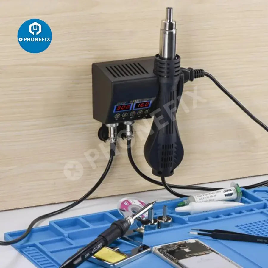 PHONEFIX JCD-8898 2-in-1 hot air gun soldering rework station for BGA PCB repair, featuring adjustable temperature and airflow.