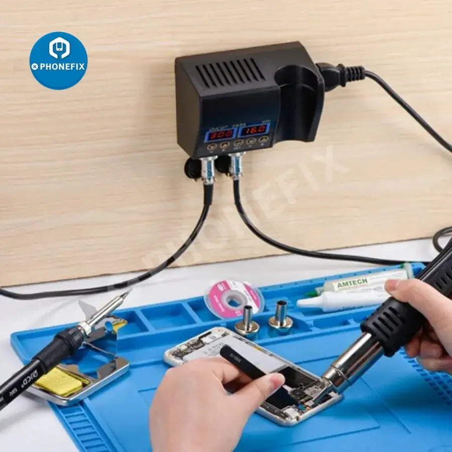 PhoneFIX JCD-8898 2-in-1 hot air gun soldering rework station for BGA PCB repair, featuring adjustable temperature controls.