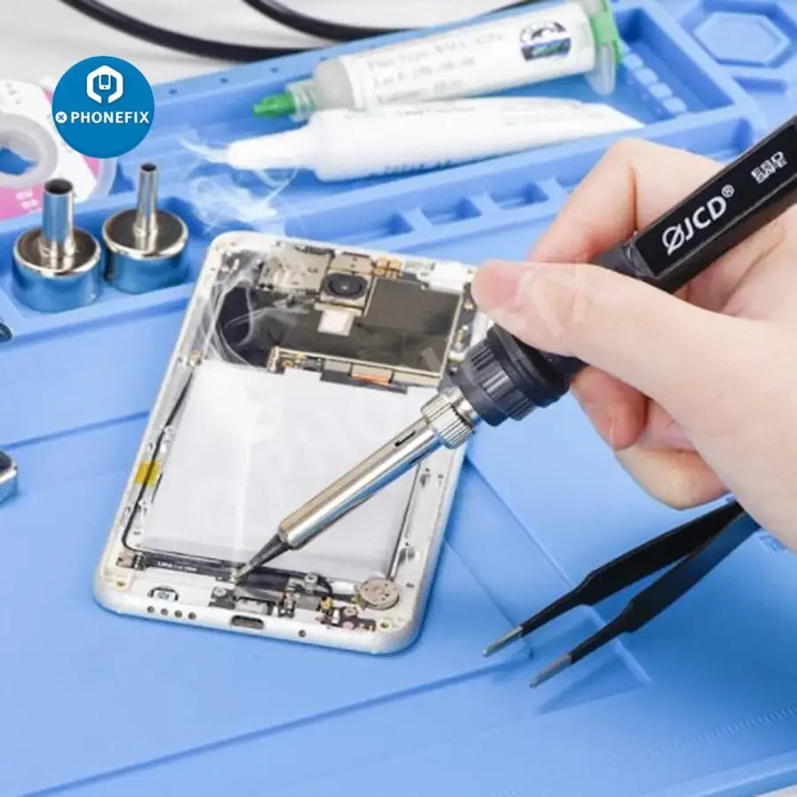 PHONEFIX JCD-8898 2-in-1 hot air gun BGA rework station for soldering and PCB repair, with control dials and nozzle attachments.