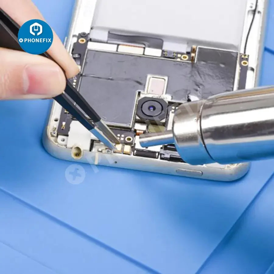 PHONEFIX JCD-8898 2-in-1 hot air gun and soldering rework station for BGA PCB repair, with controls and nozzles visible.