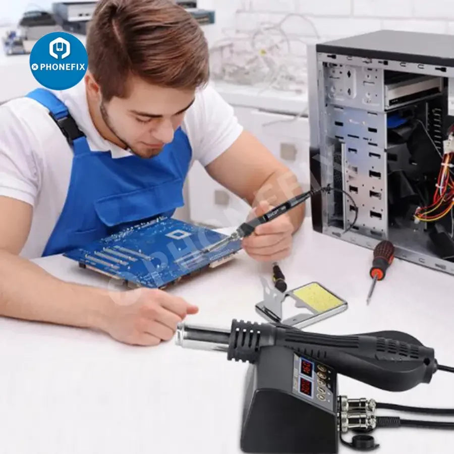 PhoneFix JCD-8898 2-in-1 BGA rework station with hot air gun for PCB repair and soldering, featuring digital controls and adjustable temperature.