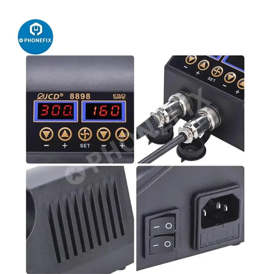 PHONEFIX JCD-8898 2-in-1 hot air gun and soldering rework station for BGA PCB repair with digital controls.