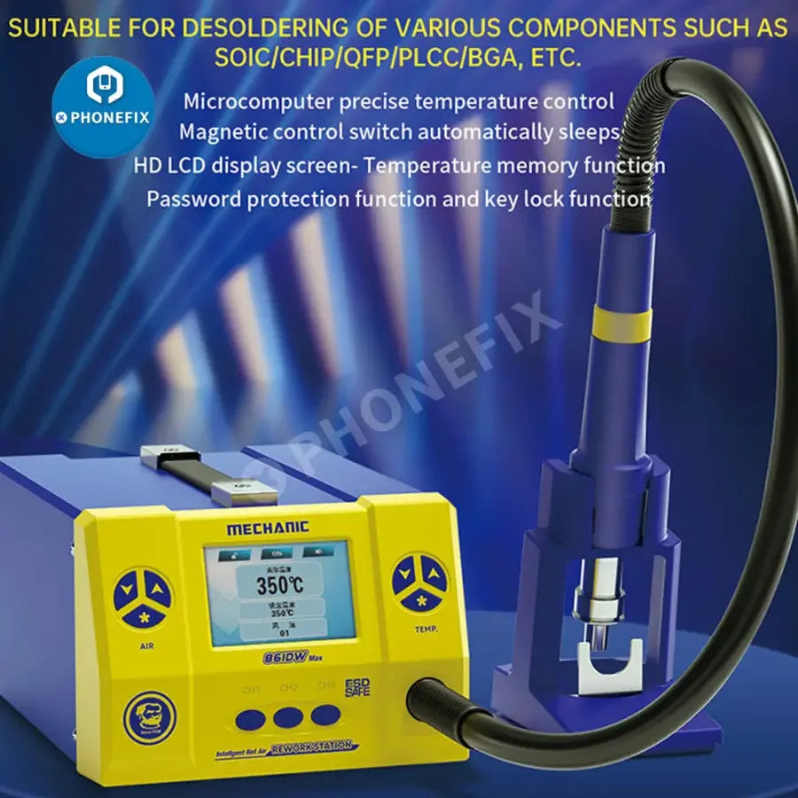 Phonefix Mechanic 861DW Max 1000W BGA Rework Station with hot air tool for electronics repair and reworking tasks.