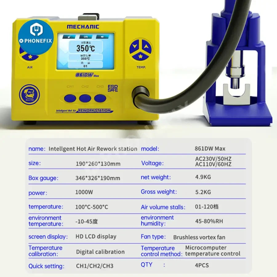 PhoneFIX Mechanic 861DW BGA Rework Station with intelligent hot air, 1000W power, for precise electronics repair.
