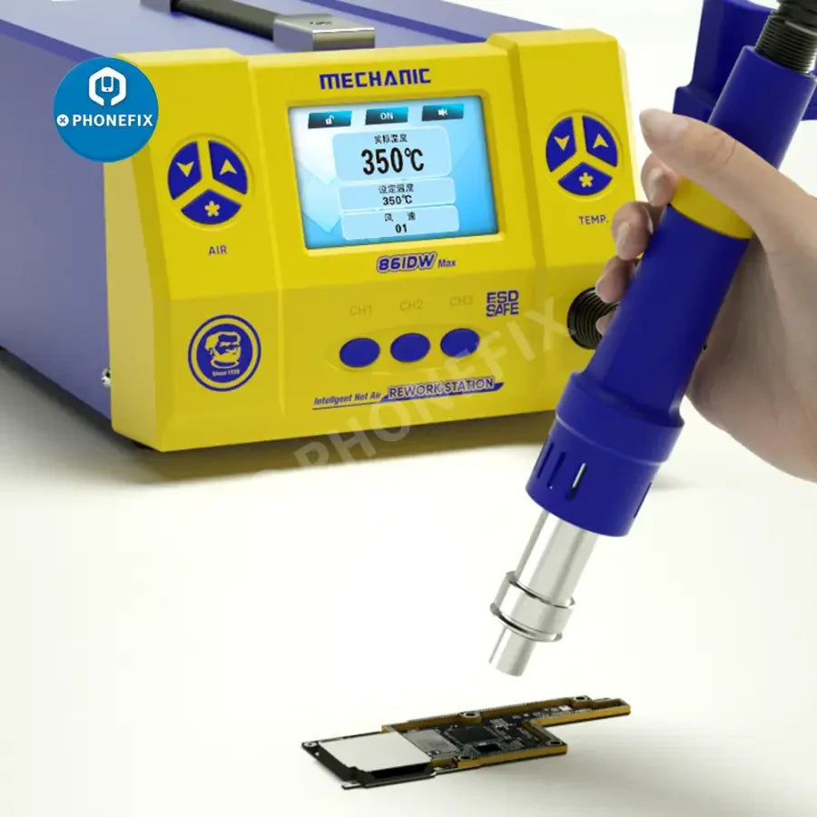 Phonefix Mechanic 861DW Max BGA Rework Station with 1000W hot air tool, digital controls, and intelligent temperature adjustment.