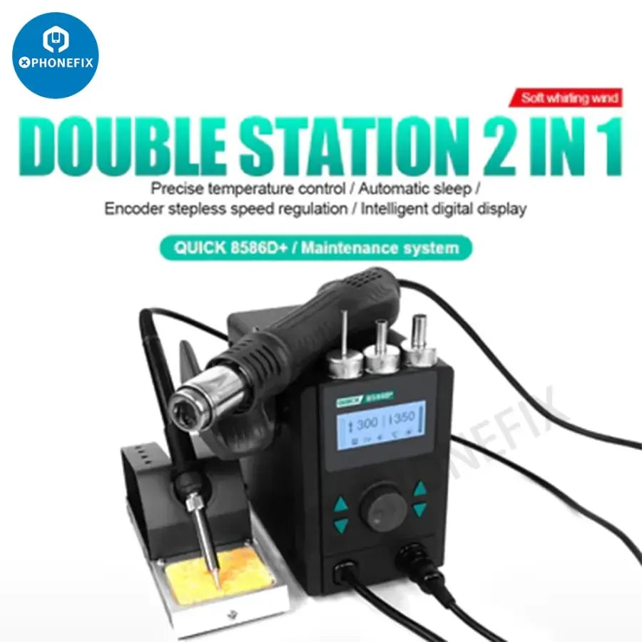Quick 8586D+ 2-in-1 BGA rework station with hot air gun and soldering station, lead-free, by PHONEFIX.